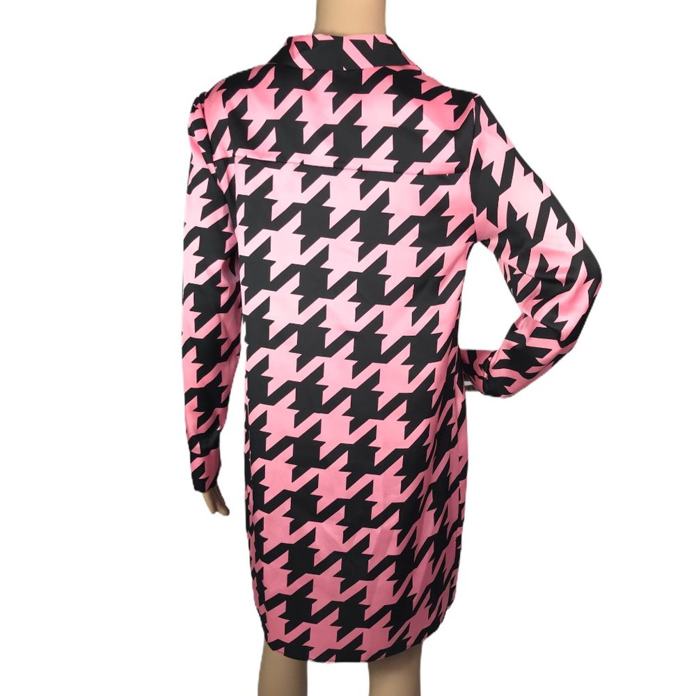 River Island Ladies Mini Dogtooth Check Swing Dress Size 10 Pink Long Sleeve - Picture 3 of 8